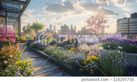 A lush rooftop garden filled with colorful flowers and plants provides a stunning view of the city skyline at sunset. 128205738