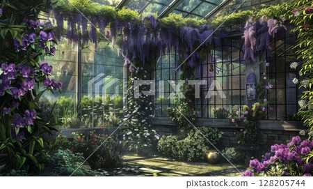 A tranquil conservatory filled with vibrant orchids and green foliage, illuminated by soft sunlight filtering through large glass windows. 128205744