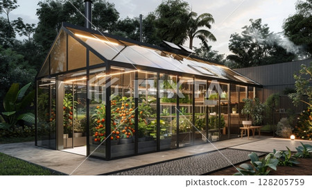 A contemporary greenhouse filled with vibrant plants and fruits, illuminated by warm lights, set against a tropical backdrop during the evening. A contemporary greenhouse filled with vibrant plants and fruits, illuminated by warm lights, set against a tropical backdrop during the evening. 128205759