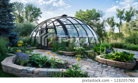 A glass greenhouse stands among lush greenery and colorful flowers under a clear blue sky. A glass greenhouse stands among lush greenery and colorful flowers under a clear blue sky. 128205760