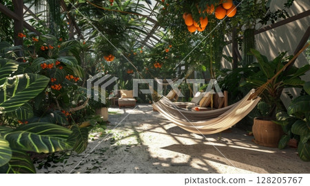 A peaceful indoor garden features hanging hammocks surrounded by lush greenery and vibrant orange trees, creating a serene space for relaxation and enjoyment. 128205767