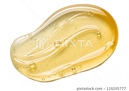 Golden gel texture with shiny bubbles, glossy liquid effect isolated on transparent background, luxury skincare, cosmetic fluid 128205777