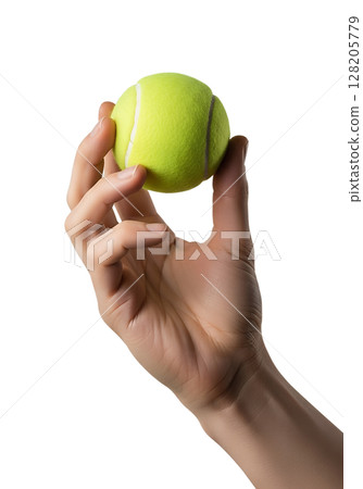 Hand holding green tennis ball, sports equipment isolated on transparent background, athletic grip, game concept, tennis tournament 128205779
