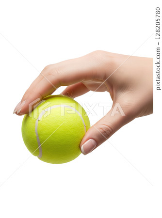 Hand holding green tennis ball, sports equipment isolated on transparent background, athletic grip, game concept, tennis tournament 128205780