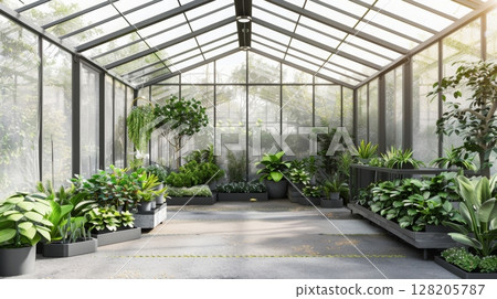 A vibrant collection of various indoor plants fills a contemporary greenhouse, basking in the warm glow of sunlight filtering through glass panels. 128205787