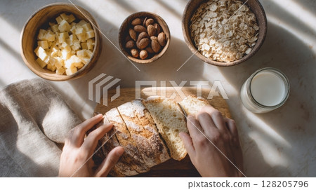 Gluten-free bread sliced by hands, almond milk, breakfast foods in sunlight 128205796