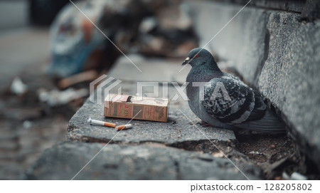 Urban pigeon rests on pavement next to empty cigarette pack, showcasing contrasts in daily life 128205802
