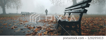 Empty park bench surrounded by fallen leaves in foggy atmosphere, evoking feelings of solitude and reflection on the everyday life 128205813