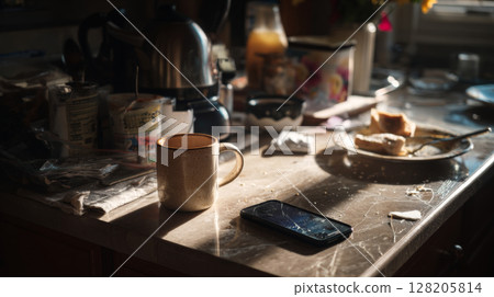 Coffee cup sits on cluttered kitchen counter with scattered dishes, phone, and sunlight illuminating the chaos Coffee cup sits on cluttered kitchen counter with scattered dishes, phone, and sunlight illuminating the chaos 128205814