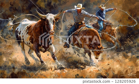 Two cowboys skillfully roping cattle on horseback as dust flies, capturing the spirit of a classic ranching roundup. 128205926