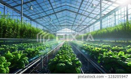 Rows of vibrant green plants thrive under a glass roof, illuminated by morning sunlight in a spacious greenhouse. 128205947