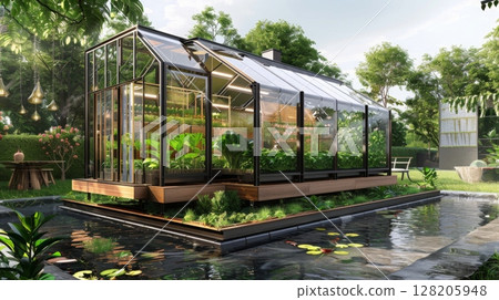 A glass and steel greenhouse sits on a wooden platform over a still pond, surrounded by lush greenery. 128205948