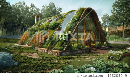 A modern A-frame home with a green roof and large windows is nestled in a lush green forest. 128205949