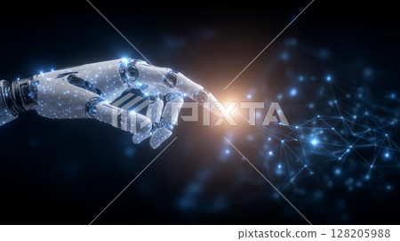 Cybernetic robotic hand reaches out to interact with glowing digital elements, symbolizing artificial intelligence and future technology. 128205988