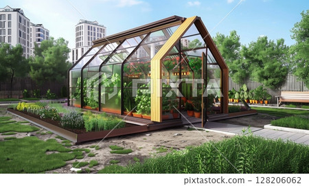 A modern greenhouse with a wooden frame and glass panels is nestled in a city backyard with a wooden fence and lawn. 128206062