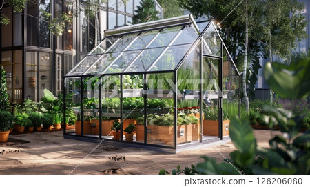 A small greenhouse filled with plants sits in front of a modern building. 128206080