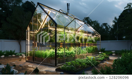 A modern greenhouse filled with plants is illuminated by artificial lights at night. A modern greenhouse filled with plants is illuminated by artificial lights at night. 128206096