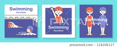 一組穿著泳衣在泳池裡游泳的兒童插畫_2 一組穿著泳衣在泳池裡游泳的兒童插畫_2 128206127