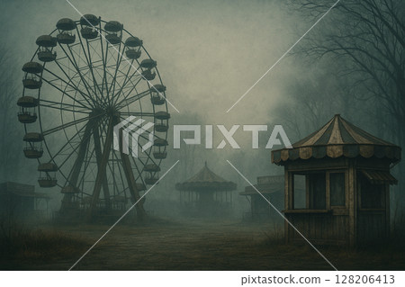 Abandoned amusement park shrouded in mist 128206413