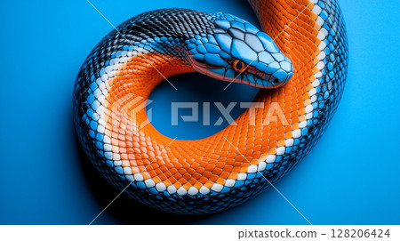 Close-up of colorful blue and orange snake on a vibrant blue backdrop 128206424
