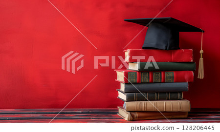 Black graduation cap and colorful stack of books in the bright red background with copyspace. College, university, study cources banner Black graduation cap and colorful stack of books in the bright red background with copyspace. College, university, study cources banner 128206445