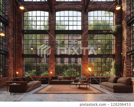 Loft room with a brick wall and large windows. 128206453