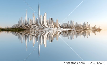 Futuristic cityscape with skyscraper reflections over calm water Futuristic cityscape with skyscraper reflections over calm water 128206523
