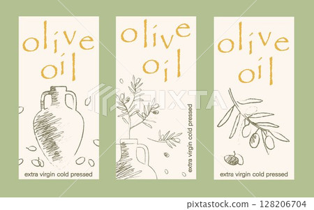 Olive oil label. Hand drawn olive tree branches with leaves and olives. Organic or artisanal product labels, branding, food packaging Olive oil label. Hand drawn olive tree branches with leaves and olives. Organic or artisanal product labels, branding, food packaging 128206704