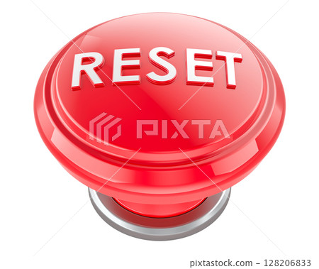 RESET red push button. 3D rendering RESET red push button. 3D rendering 128206833