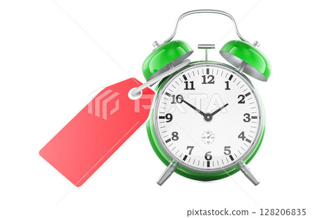 Time value, cost of time or time management concept. Alarm clock with price tag. 3D rendering 128206835