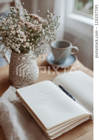 Open journal with notes, pen, ceramic vase with flowers, and coffee cup on wooden table Open journal with notes, pen, ceramic vase with flowers, and coffee cup on wooden table 128207395