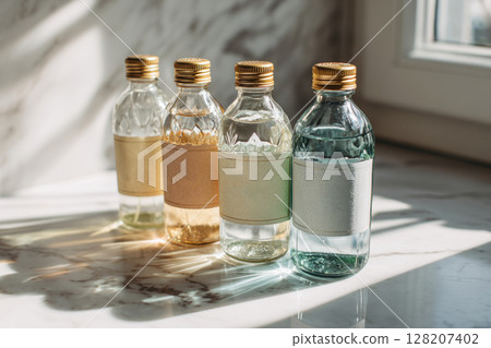 Glass bottles with liquids standing on marble countertop in sunlight 128207402