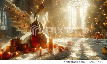 Experience the Christmas Spirit with an Angelic Violin and Festive Decor that brings joy 128207433