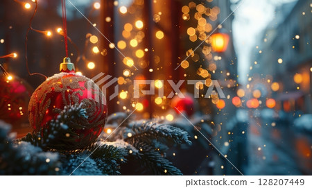 Beautiful and festive Christmas decorations adorned with delicate snow and twinkling lights 128207449