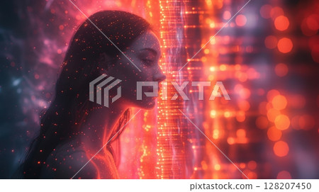 An Ethereal Woman Enveloped by an Array of Digital Lights and Intricate Data Patterns 128207450
