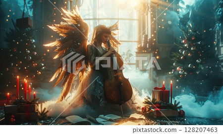An Enchanting Christmas Angel delicately Playing the Cello in a Beautiful Festive Atmosphere An Enchanting Christmas Angel delicately Playing the Cello in a Beautiful Festive Atmosphere 128207463