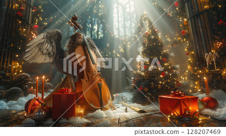 An angel playing the cello among Christmas decorations, creating a splendid atmosphere 128207469