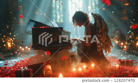 An Angel Gracefully Playing a Piano in a Beautiful Ethereal Setting Surrounded by Roses and Candles 128207470