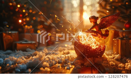 A Sparkling Holiday Angel Gracefully Positioned Amidst a Festive and Joyful Atmosphere 128207476