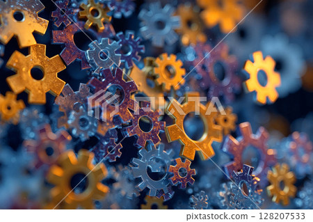 Metallic gears morphing into colorful puzzle pieces 128207533