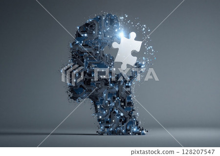 Digital brain with glowing puzzle piece connection Digital brain with glowing puzzle piece connection 128207547