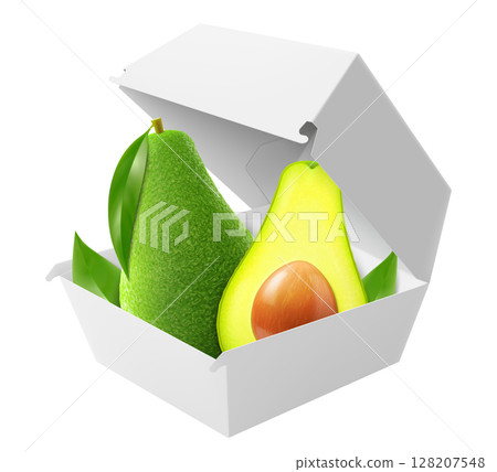 White food box with ripe avocado. Packaging for hamburger, lunch, fast food, burger, sandwich isolated on white background. Packaging Cardboard Box Mockup, Realistic 3d Vector Illustration 128207548