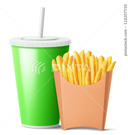 French fries in Kraft paper bag and light green disposable soft drink cup with drinking straw. isolated on white background. takeaway food and drinks, mockup. Realistic 3d vector illustration. 128207550