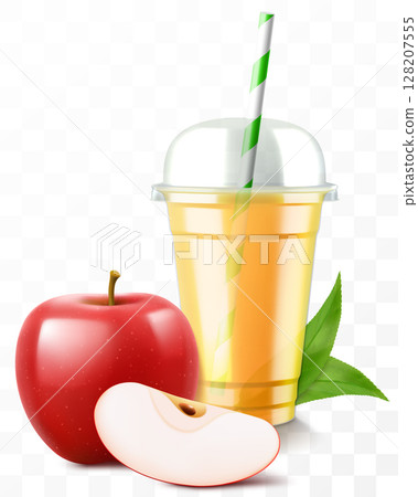 Clear plastic cup with red apple juice or smoothie. Cup with sphere dome cap for milkshake, lemonade. Fruity organic shake with ice cube. Fruit cocktail. Realistic 3d vector template 128207555