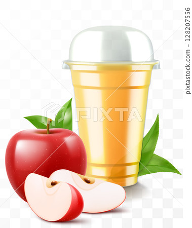 Clear plastic cup with red apple juice or smoothie. Cup with sphere dome cap for milkshake, lemonade. Fruity organic shake with ice cube. Fruit cocktail. Realistic 3d vector template 128207556