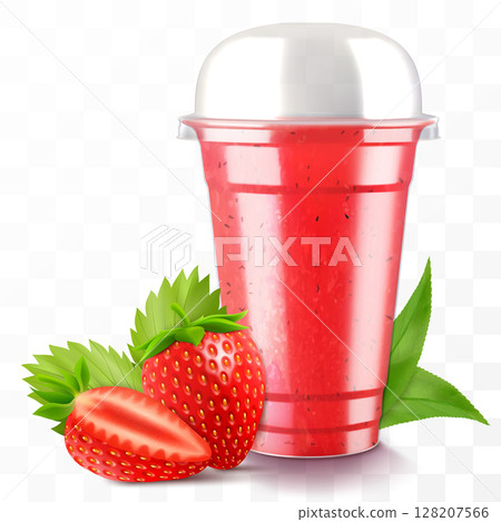 Clear plastic cup with strawberry juice or smoothie. Cup with sphere dome cap for milkshake, lemonade. Fruity organic shake. Fruit cocktail. Realistic 3d vector template 128207566