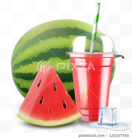 Clear plastic cup with watermelon juice or smoothie. Cup with sphere dome cap for milkshake, lemonade. Fruity organic shake. Fruit cocktail. Realistic 3d vector template Clear plastic cup with watermelon juice or smoothie. Cup with sphere dome cap for milkshake, lemonade. Fruity organic shake. Fruit cocktail. Realistic 3d vector template 128207568