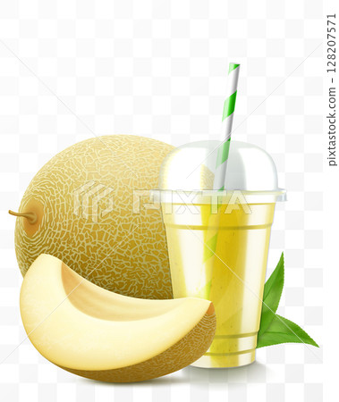 Clear plastic cup with melon juice or smoothie. Cup with sphere dome cap for milkshake, lemonade. Fruity organic shake. Fruit cocktail. Realistic 3d vector template 128207571