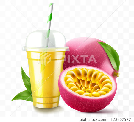 Clear plastic cup with passion fruit juice or smoothie. Fruit cocktail. Cup with sphere dome cap for milkshake, lemonade, cold or hot drink. Mug of fruity organic shake. Realistic 3d vector template Clear plastic cup with passion fruit juice or smoothie. Fruit cocktail. Cup with sphere dome cap for milkshake, lemonade, cold or hot drink. Mug of fruity organic shake. Realistic 3d vector template 128207577