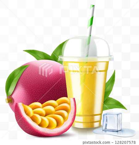 Clear plastic cup with passion fruit juice or smoothie. Fruit cocktail. Cup with sphere dome cap for milkshake, lemonade, cold or hot drink. Mug of fruity organic shake. Realistic 3d vector template 128207578